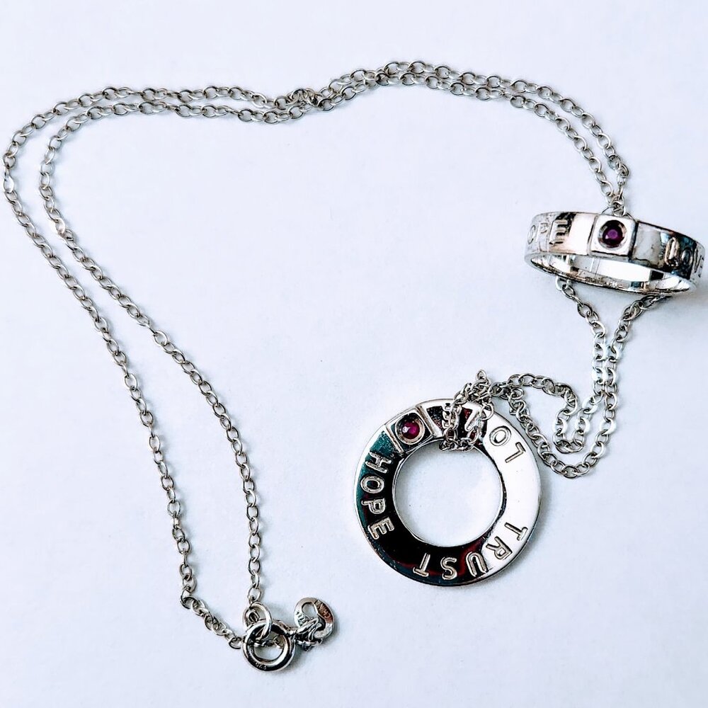 ELLE Ruby Sterling Silver Love Hope Trust Necklace + Ring sz 5.75 Bundle Set Lot